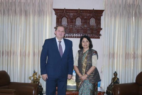 Ambassador of the Russian Federation to Nepal H.E. Mr. Aleksei A. Novikov with Foreign Minister Hon Dr Bimala Rai Paudyal.